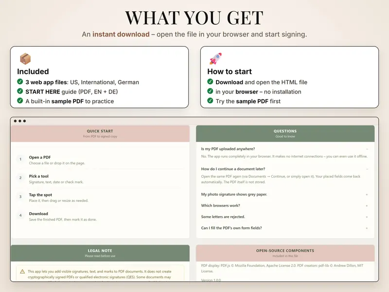 What you get: cards for 3 web app files, the guide and a sample PDF, above the app's help page with quick start and questions