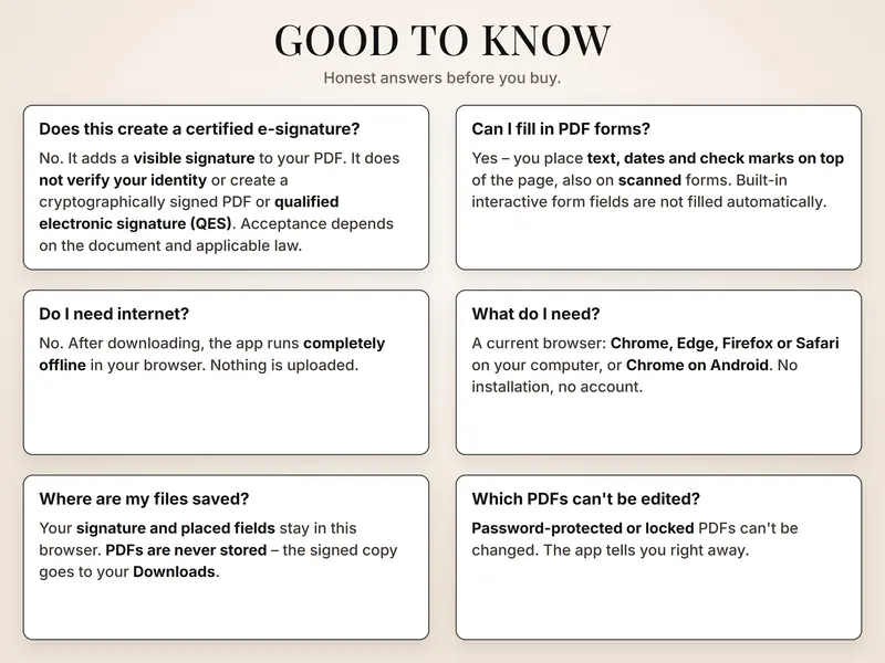 Good to know: six answer cards – visible signature only, filling forms, no internet needed, devices, saved files, locked PDFs