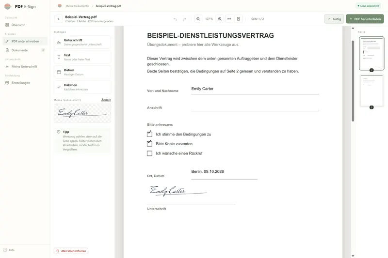German edition: sample service agreement with name, ticked boxes, Berlin, 09.10.2026 and a signature in the editor