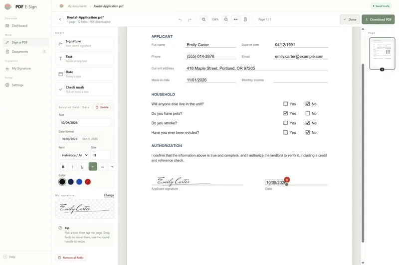 Rental application in the editor with the date field selected: date format, Helvetica 11, bold, italic, underline, color