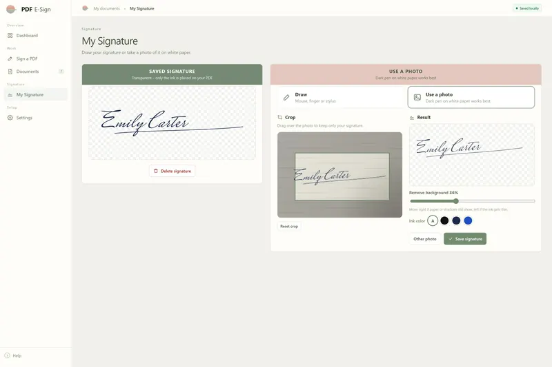 My Signature page, Use a photo: cropped photo of a signature on paper and the cleaned result with Remove background 36%