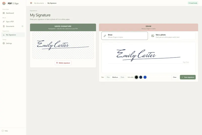 My Signature page: saved transparent signature next to the drawing pad with pen width and ink color