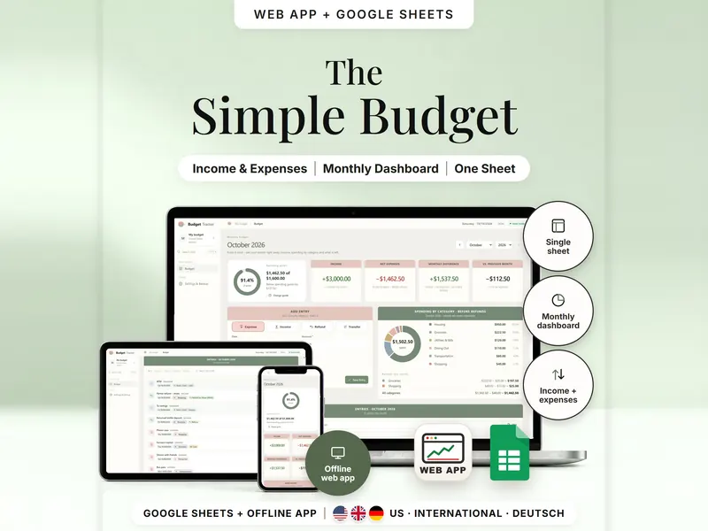 The Simple Budget: the web app's October 2026 page on laptop, tablet and phone – income +$3,000.00, net expenses −$1,462.50