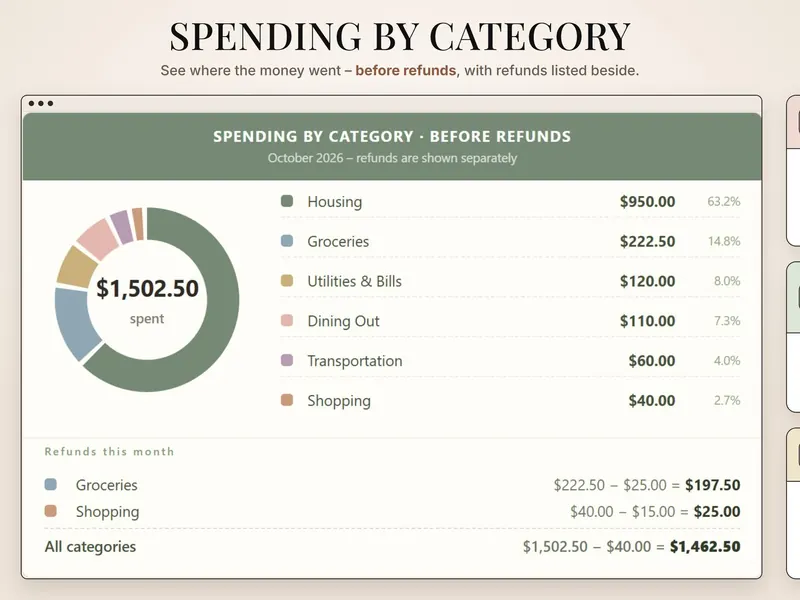 Spending by category: donut of $1,502.50 spent – Housing $950.00, Groceries $222.50, Utilities & Bills $120.00 – refunds below