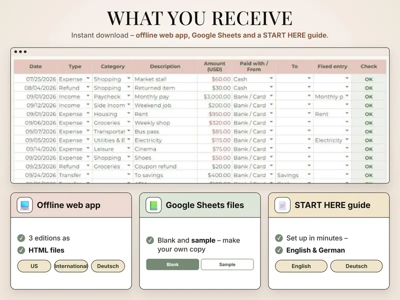 What you receive: Google Sheets entries table with sample rows, plus web app, Sheets files and START HERE guide