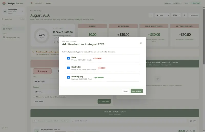 Add fixed entries to August 2026 dialog with rent, electricity and monthly pay ticked