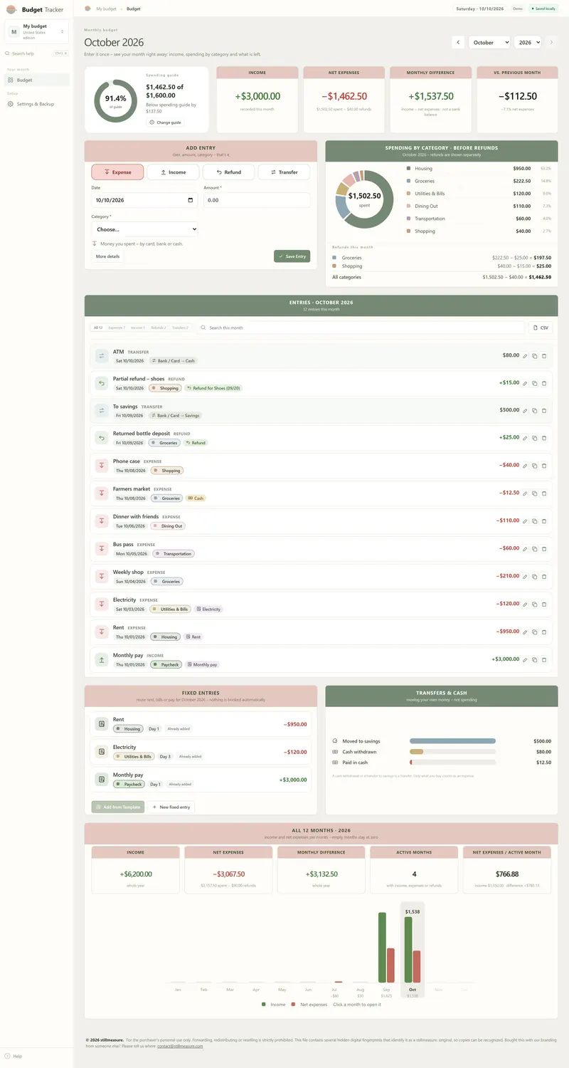 Budgetplaner & Haushaltsbuch als Web-App (englische Ausgabe): die Oktober-Seite mit Summen, Eingabefeld und Ausgaben nach Kategorie