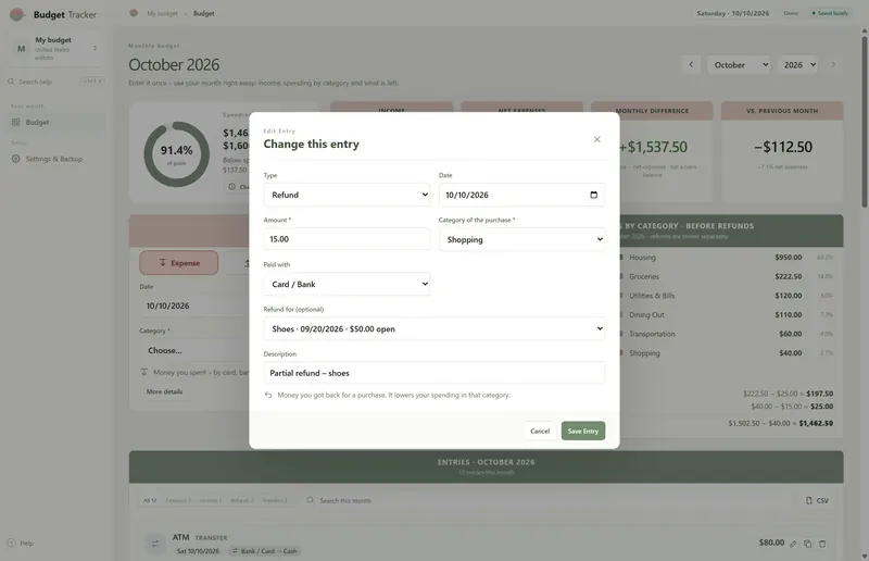 Change this entry dialog: a $15.00 partial refund for shoes, linked to the $50.00 purchase from 09/20/2026