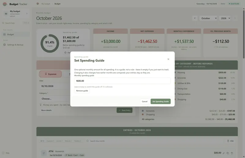 Set Spending Guide dialog with a monthly amount of 1,600.00 over the October 2026 page