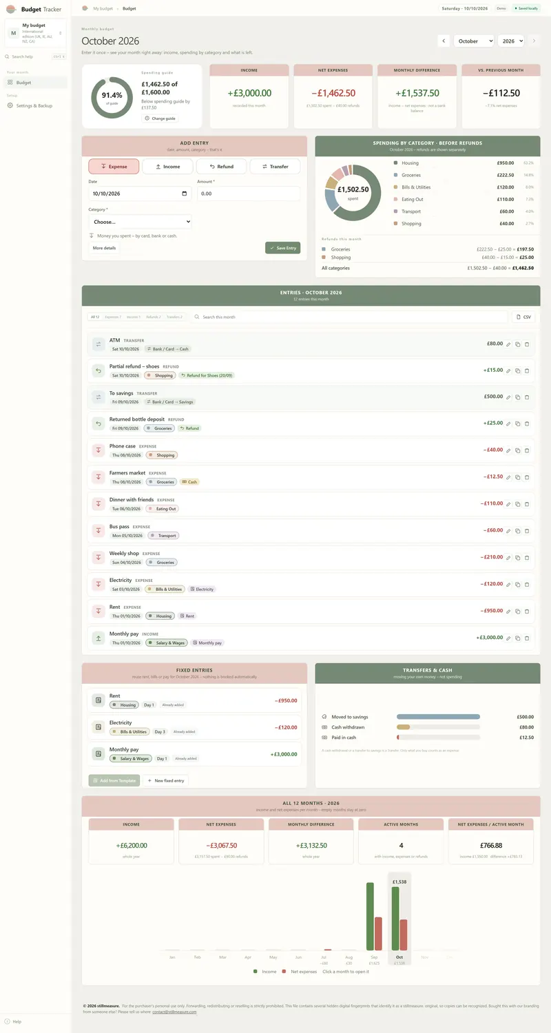 International edition of the October 2026 page with £ amounts: income +£3,000.00, net expenses −£1,462.50