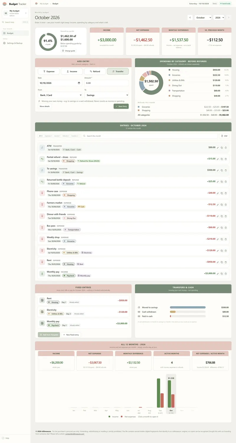 Add entry form set to Transfer, from Bank / Card to Savings, next to the October spending by category