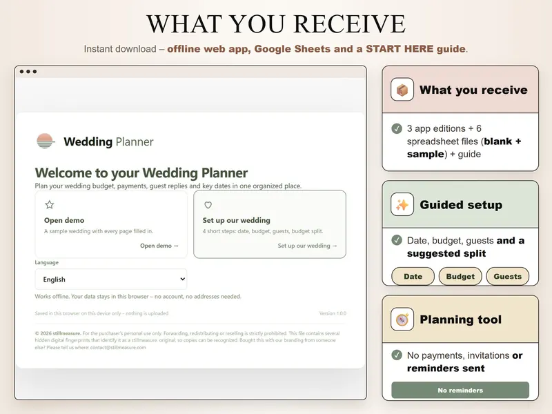What you receive: welcome screen with Open demo and Set up our wedding, plus notes on the files, guided setup and no reminders