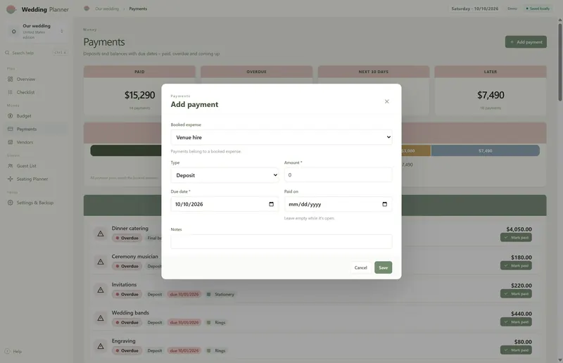 Add payment dialog: booked expense Venue hire, type Deposit, amount, due date 10/10/2026 and an empty Paid on date